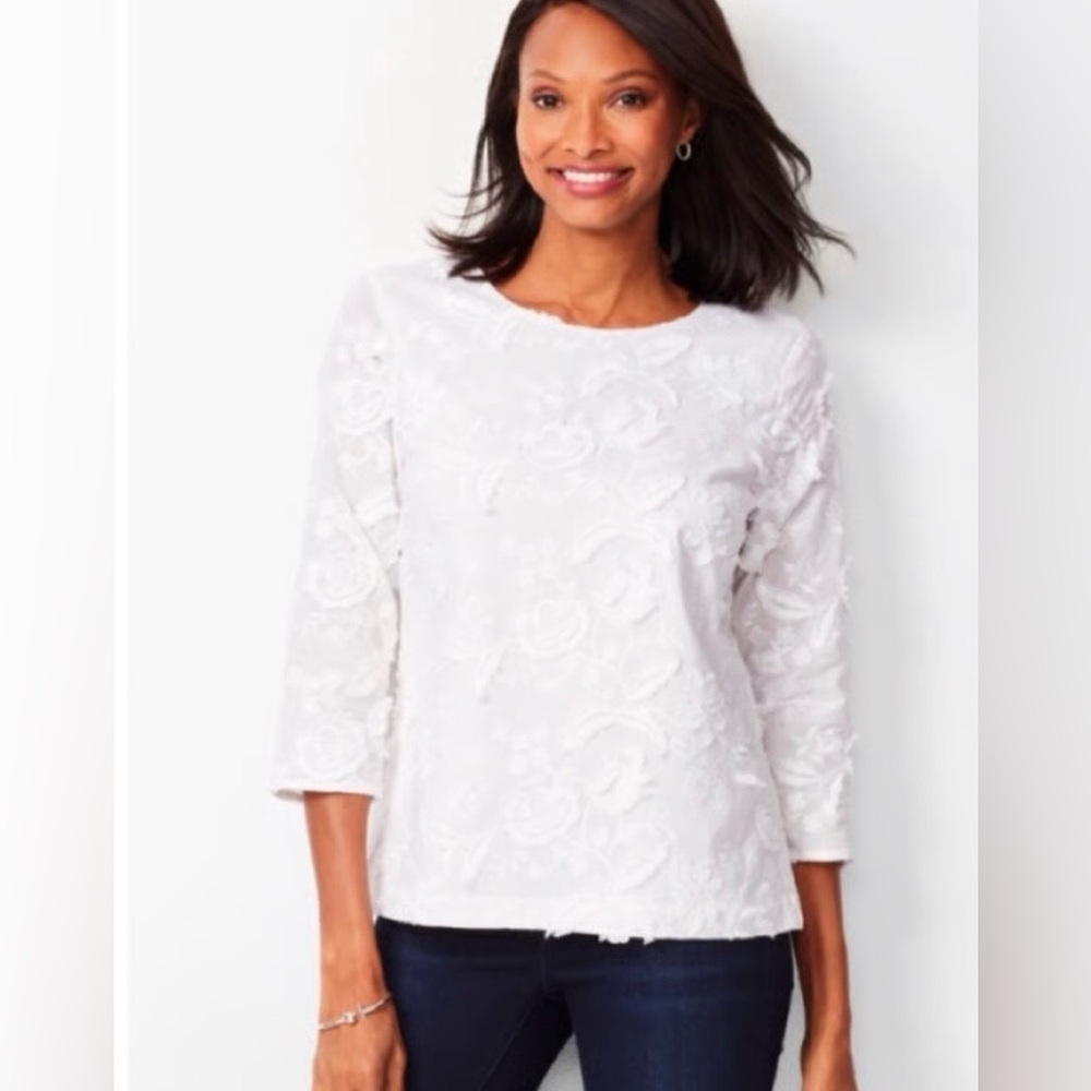 EUC TALBOTS Floral Embroidery Top Blouse In Winter White Size 14